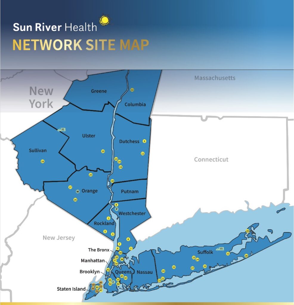 Sun River Health network site map showing numbered health center locations across the Hudson Valley, New York City and Long Island